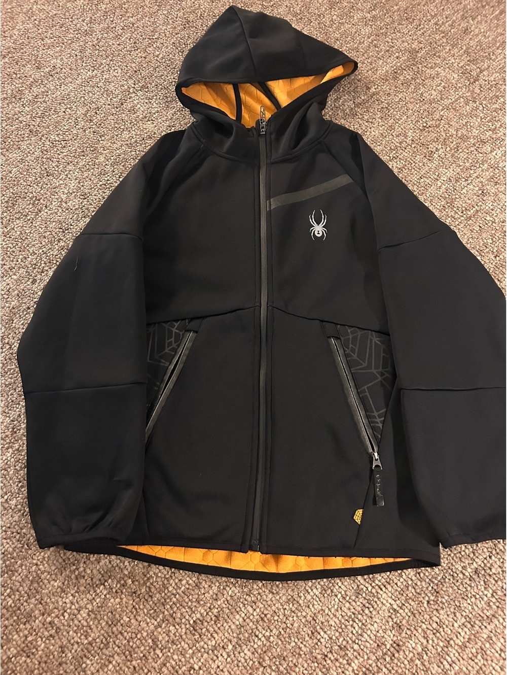 Spyder Men's Black and Orange Softshell Hooded Jacket L/XL